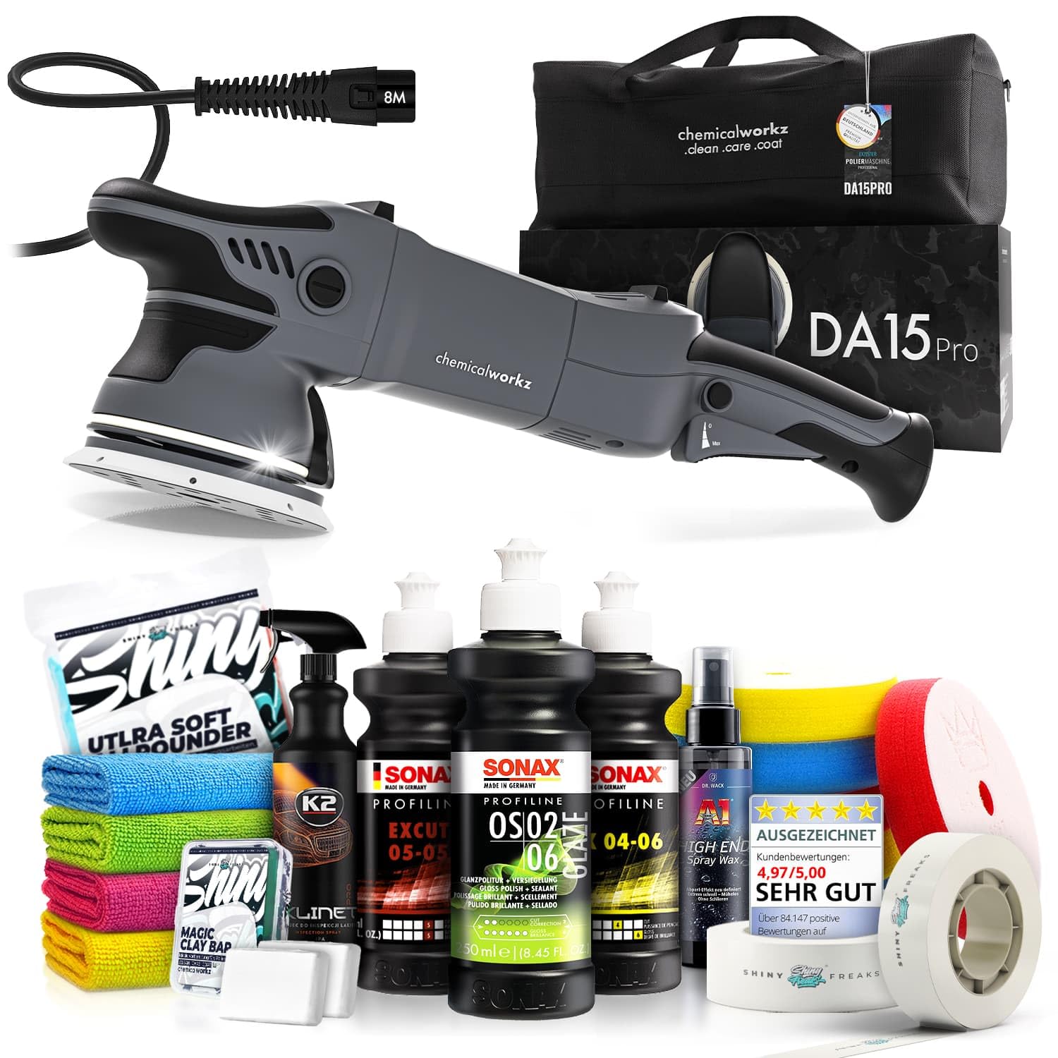 chemicalworkz DA15 Pro Exzenter Poliermaschinen Set - 20-teilig. Handgehaltene Exzenter Poliermaschine entfernt Lackdefekte.