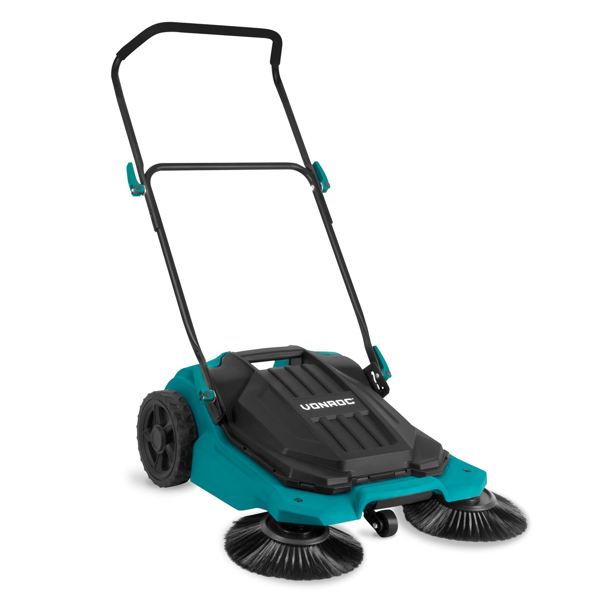 VONROC Kehrmaschine Manuell für Aussen – 65cm Kehrbreite. Schwarz-orange mit Seitenbesen und Kehrwalze. Für die manuelle Reinigung von Aussenflächen.