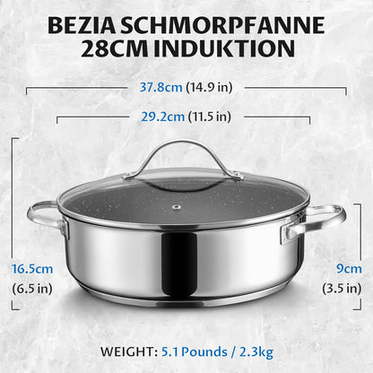 BEZIA Schmorpfanne 28 cm mit Deckel, 5,1 L, Edelstahl, Induktion