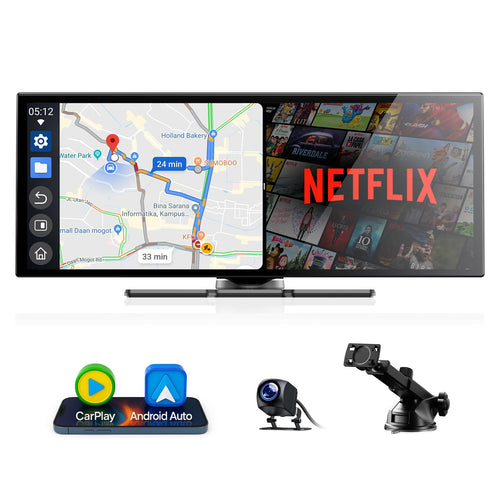 Volam Carplay Android Auto Display 10.25 Zoll - Netflix, Kamera. Schwarzes Kfz-Infotainment-Display.