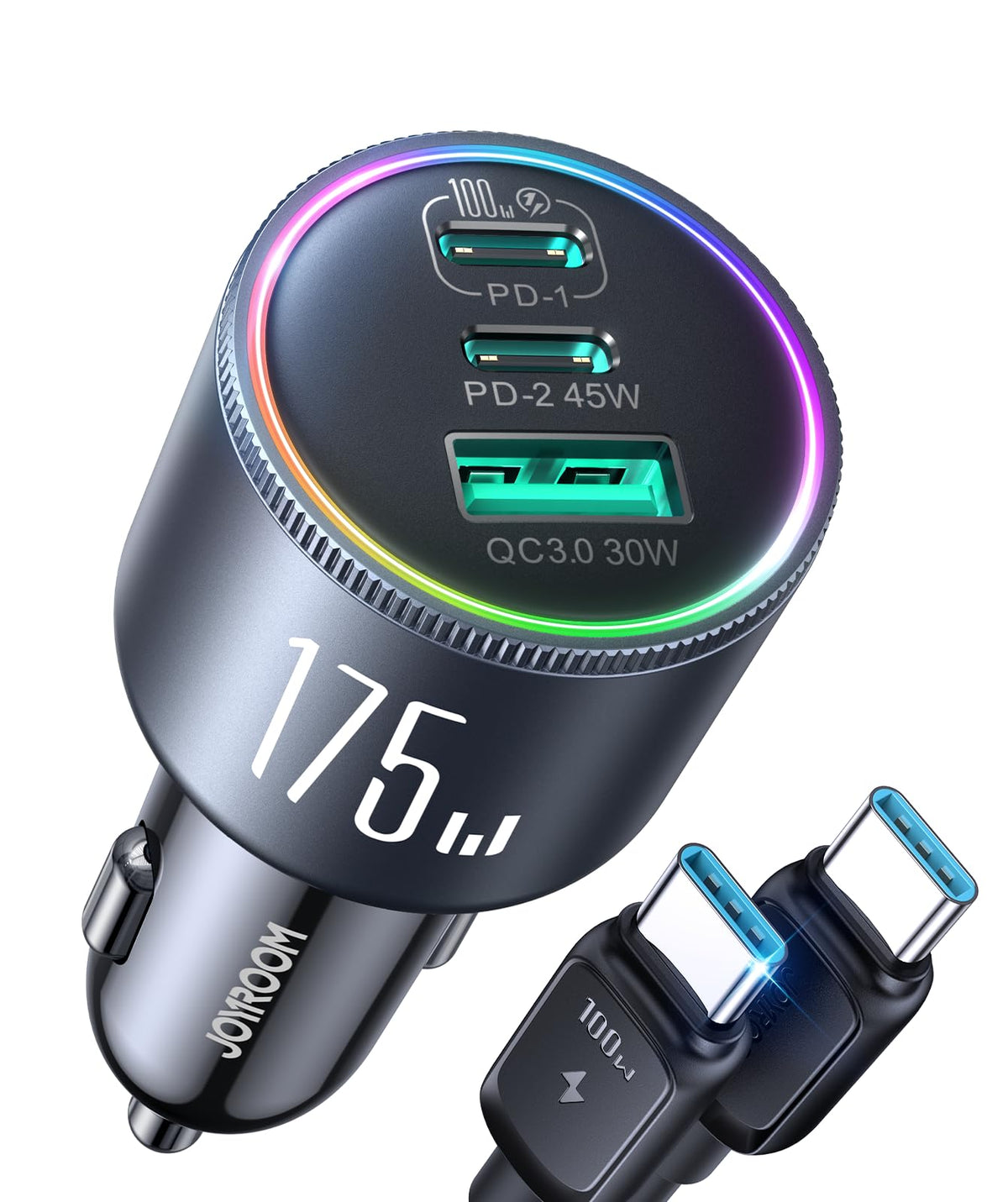 JOYROOM 175W Auto Ladegerät USB C, 3-Port Zigarettenanzünder Adapter mit 1,2m USB-C-Kabel