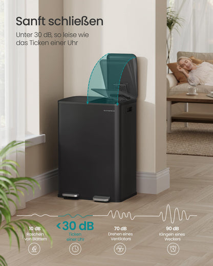 SONGMICS Tretmülleimer 2x30L, 2 Fächer, Softclose, Stahl – Tintenschwarz LTB741B02