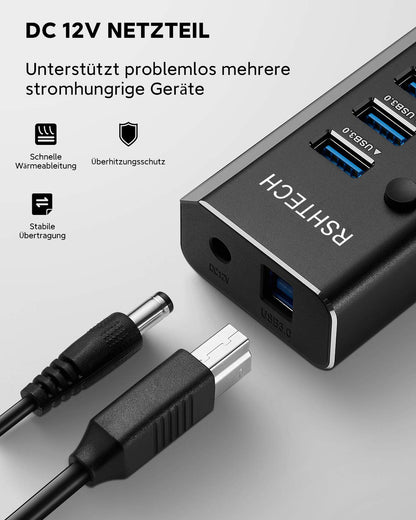 RSHTECH USB 3.0 Hub aktiv 10-Port Aluminium mit 36W Netzteil, RSH-A10