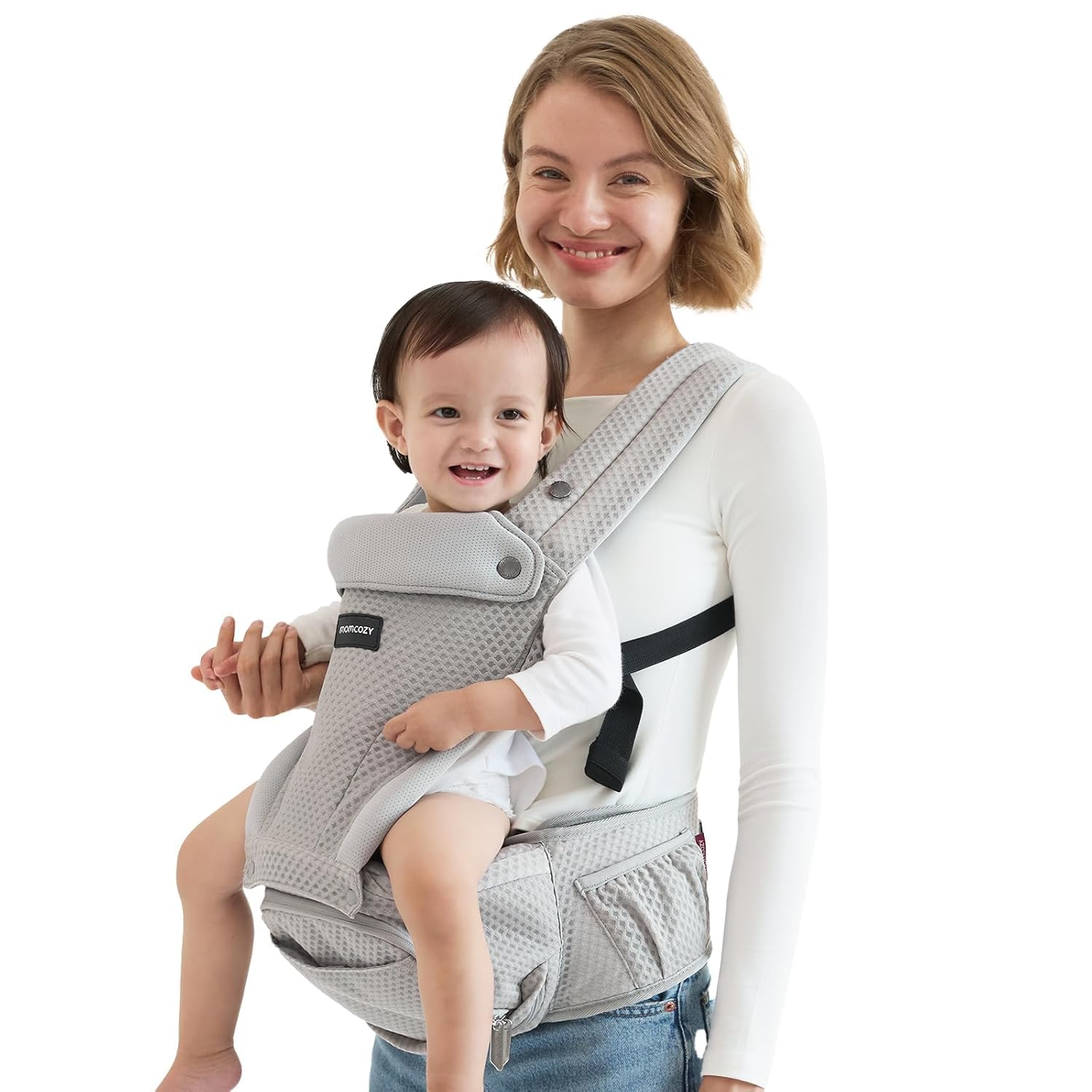 Momcozy Babytrage 2-in-1 Hüftkissen - Neugeborene & Kleinkinder, Grau: Graues, ergonomisches Hüftkissen zur Gewichtsentlastung beim Babytragen.