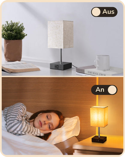 EDISHINE LED Nachttischlampe Touch dimmbar 2er-Set mit USB, beige