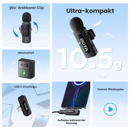 BOYA BY-V30 Wireless-Lavalier-Mikrofon mit USB-C-Empfänger (2er-Pack)