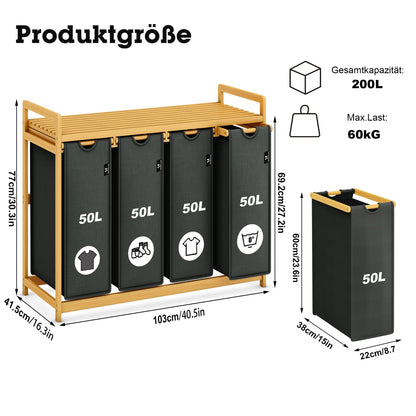 AdelDream Wäschekorb 200L mit 4 Fächern, Bambusrahmen, Grau