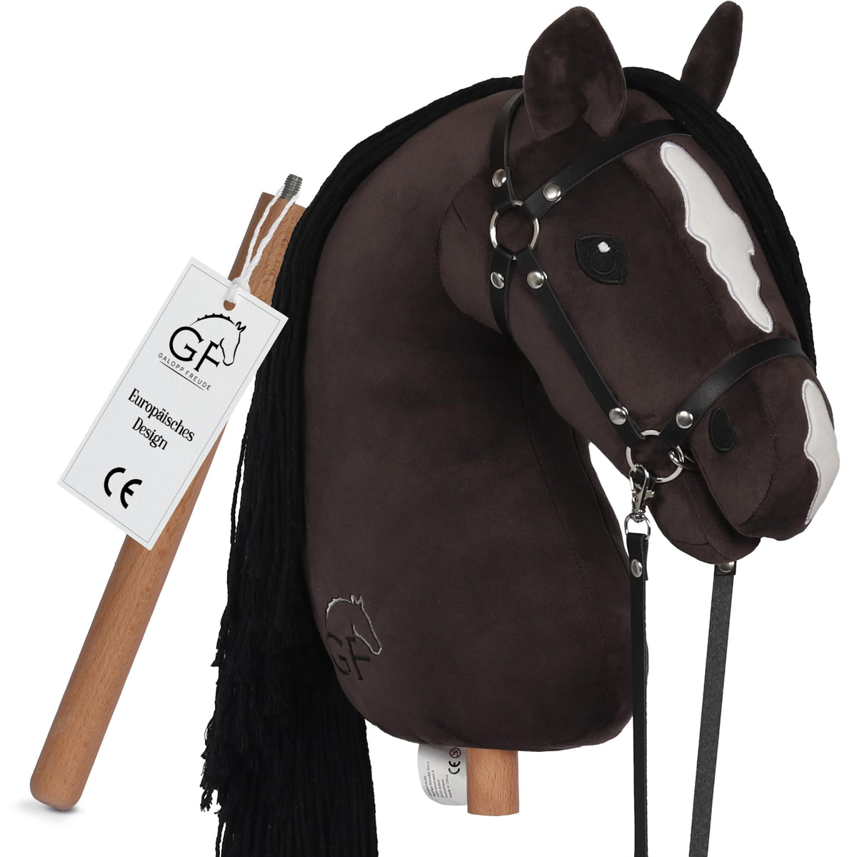 GaloppFreude Hobby Horse Steckenpferd Braunschecke mit Trense, A3 – braun-weiss geschecktes Pferd mit langer Mähne