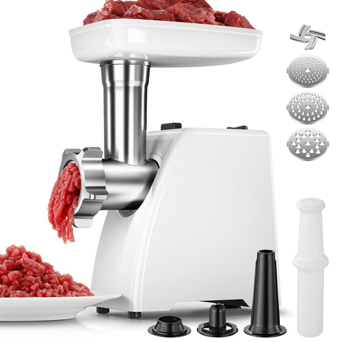 AMZCHEF Elektrischer Fleischwolf Wurstmaschine. Robustes, silbernes Edelstahlgerät. Zerkleinert Fleisch und stellt Würste her.