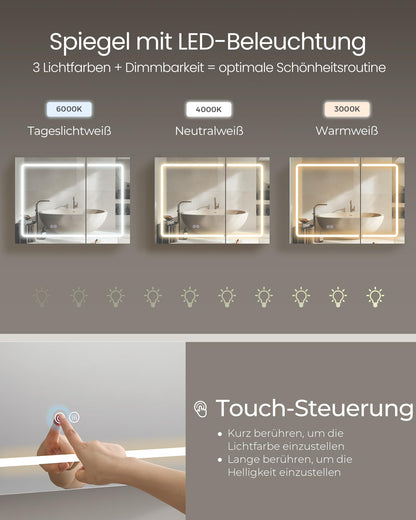 VASAGLE Kailyn Spiegelschrank mit LED-Beleuchtung, weiss