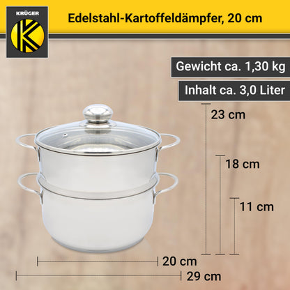 Krüger Edelstahl-Kartoffeldämpfer 20 cm Dampfgarer mit Glasdeckel
