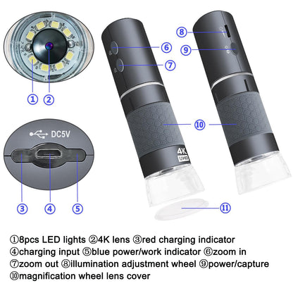 Jiusion 4K WiFi USB Digitalmikroskop 50-1000x mit Metallständer
