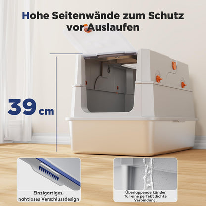 MIXJOY Katzenklo XXL Edelstahl mit Deckel, zwei Eingänge, 59x38x39 cm