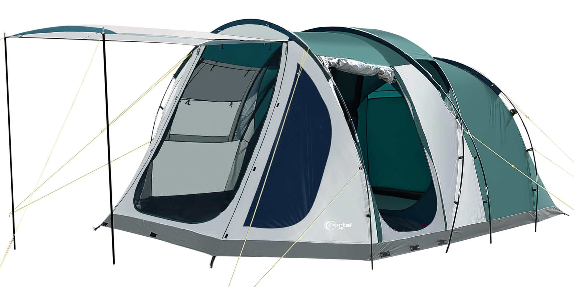 PORTAL 4Plus Familien Campingzelt - 5 Personen Tunnelzelt. Grünes Tunnelzelt mit zwei Innenkabinen für 5 Personen, ideal für Familien-Camping.