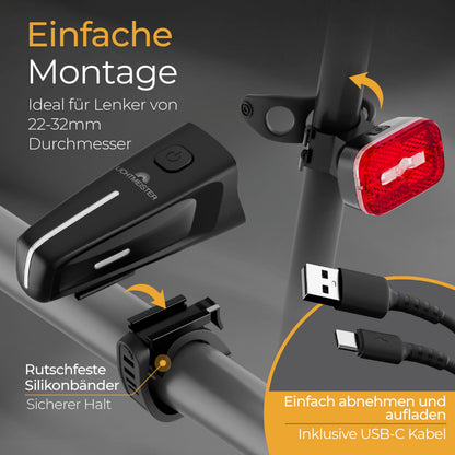 LICHTMEISTER Fahrradlicht 100 Lux LED mit Bremslicht, USB-C, StVZO