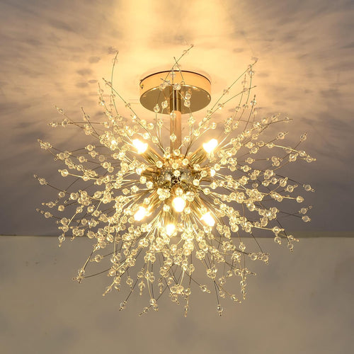 Rayofly Feuerwerk Kristall Deckenleuchte - 8-flammig golden dimmbar. Feuerwerk-Kristall-Design für dimmbare Raumbeleuchtung.
