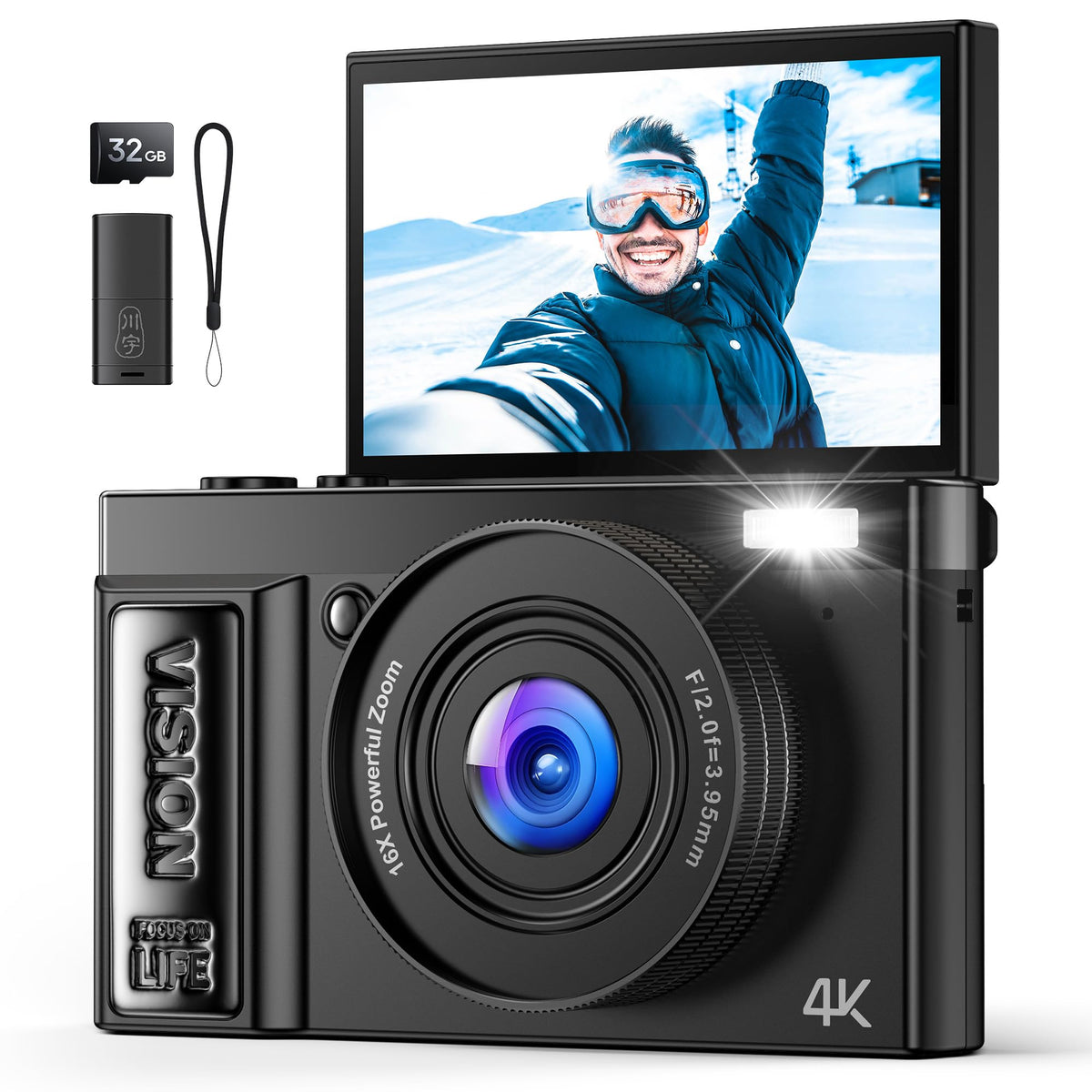 QIUOIO A9 Digitalkamera 4K 64MP Kompaktkamera mit Klappbildschirm für Fotos, Videos und Vlogs