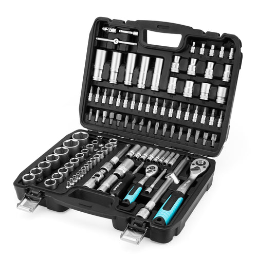 DURATECH Steckschlüsselsatz 108-tlg. - 1/2" & 1/4" Antrieb. Chromglänzende Ratschen und Nüsse zum Lösen und Festziehen von Schraubverbindungen.