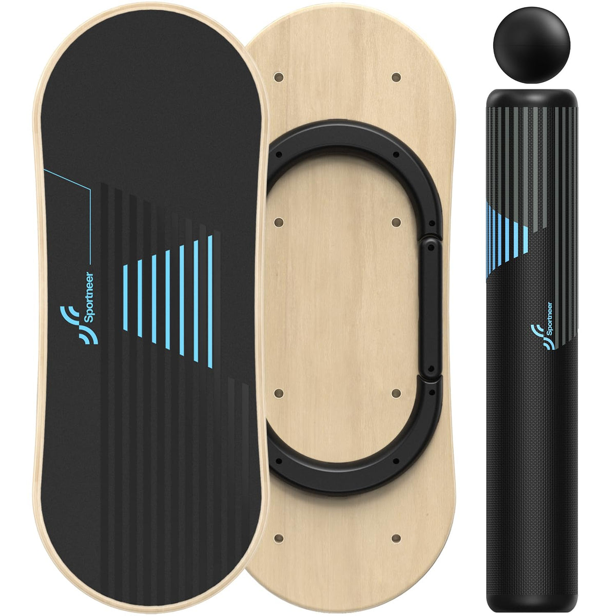 Sportneer Balance Board Holz – 7 Modi, Roller & Ball: Rundes Holz-Board zum Gleichgewichtstraining und Stärkung der Rumpfmuskulatur.