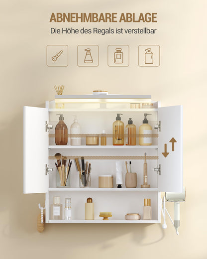 Hzuaneri Spiegelschrank mit LED-Beleuchtung und Föhnhalter, weiss