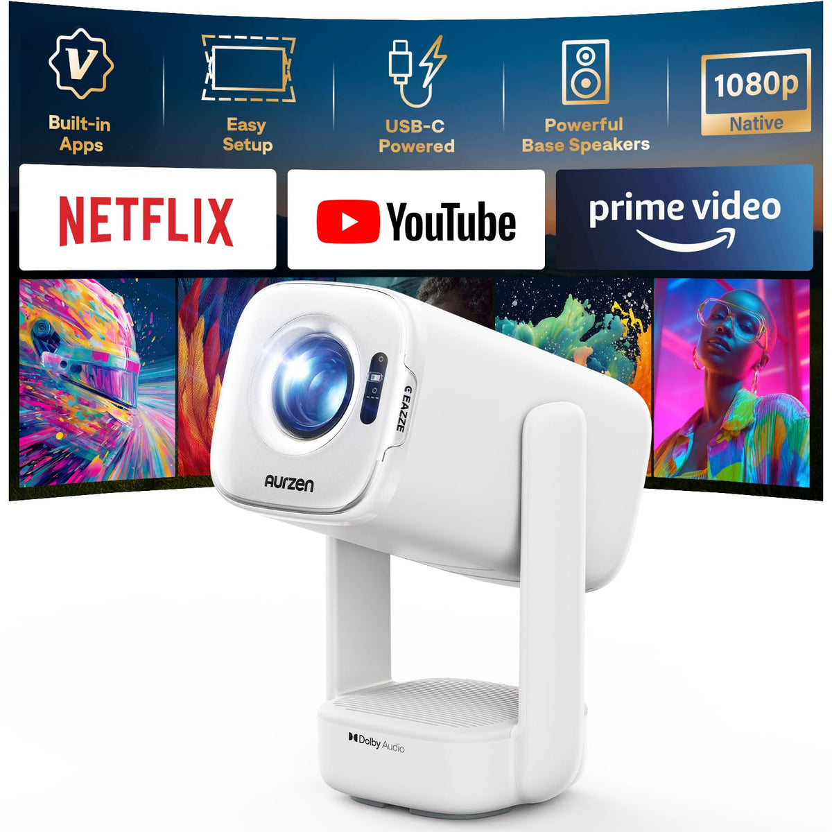 Aurzen D1 air Smart Beamer, Full HD 1080p, HDR10, weiss – kompakter Projektor mit 180° verstellbarem Standfuss