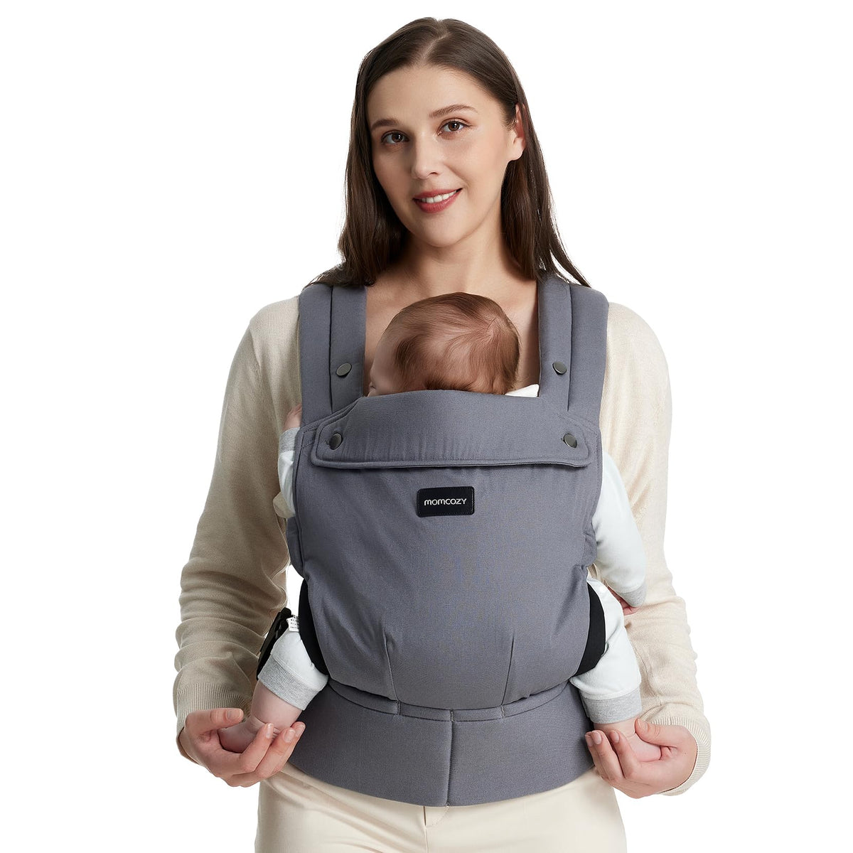 Momcozy Babytrage aus 100% Baumwolle, M-Position, 3,2-20 kg, Grau mit X-Rücken und Taillengurt