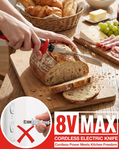 EZUVITA Elektromesser kabellos, 8 V, 2 Edelstahlklingen, Akku, Rot