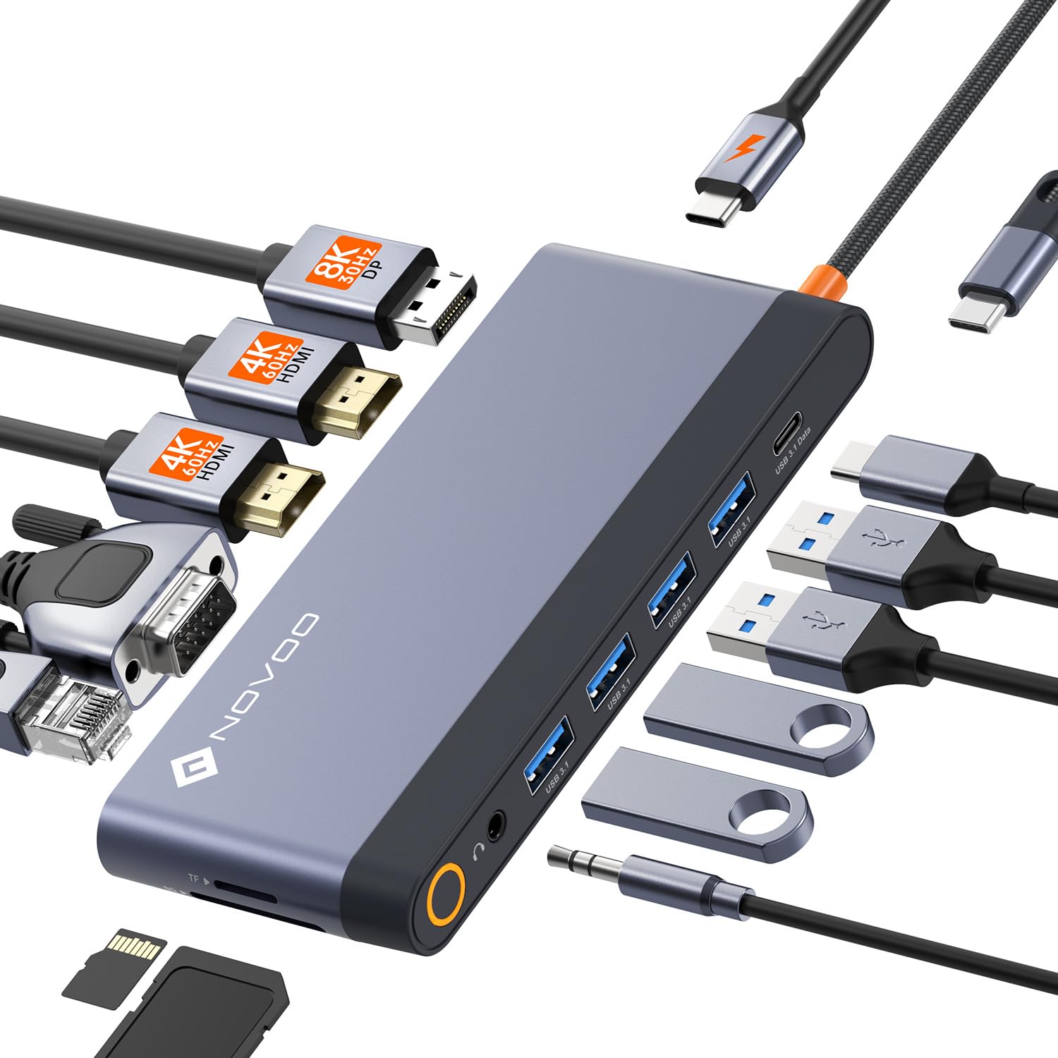 NOVOO USB C Docking Station 14-in-1 - 4 Monitore 100W PD, rechteckig, dunkelgrau. Erweitert USB-C Konnektivität.