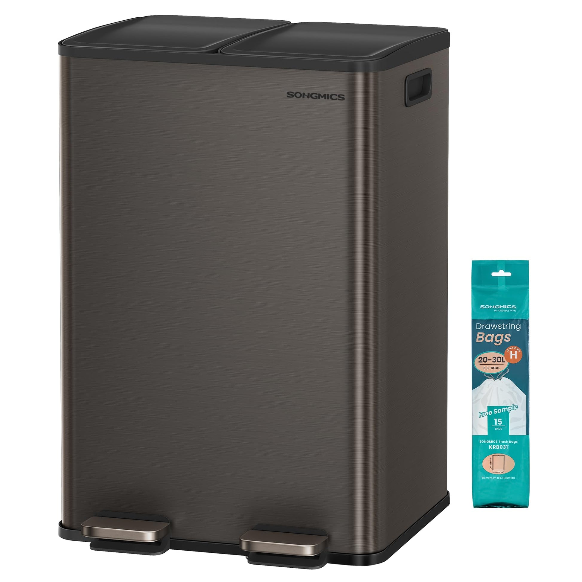 SONGMICS LTB741G01 Küchenmülleimer 2x30L 2 Fächer. Rechteckiger Behälter aus schiefergrauem Edelstahl zur Abfalltrennung in der Küche.