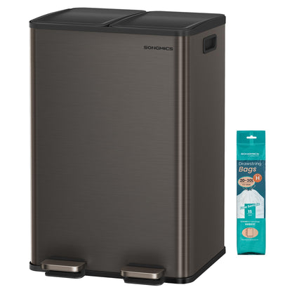 SONGMICS LTB741G01 Küchenmülleimer 2x30L 2 Fächer. Rechteckiger Behälter aus schiefergrauem Edelstahl zur Abfalltrennung in der Küche.