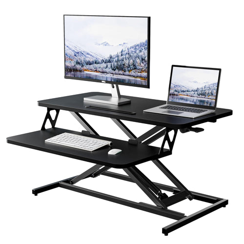 ERGOMAKER Stehpultaufsatz Sitz-Steh - 80x40 cm Schwarz. Rechteckige schwarze Plattform. Schafft einen flexiblen Sitz-Steh-Arbeitsplatz.