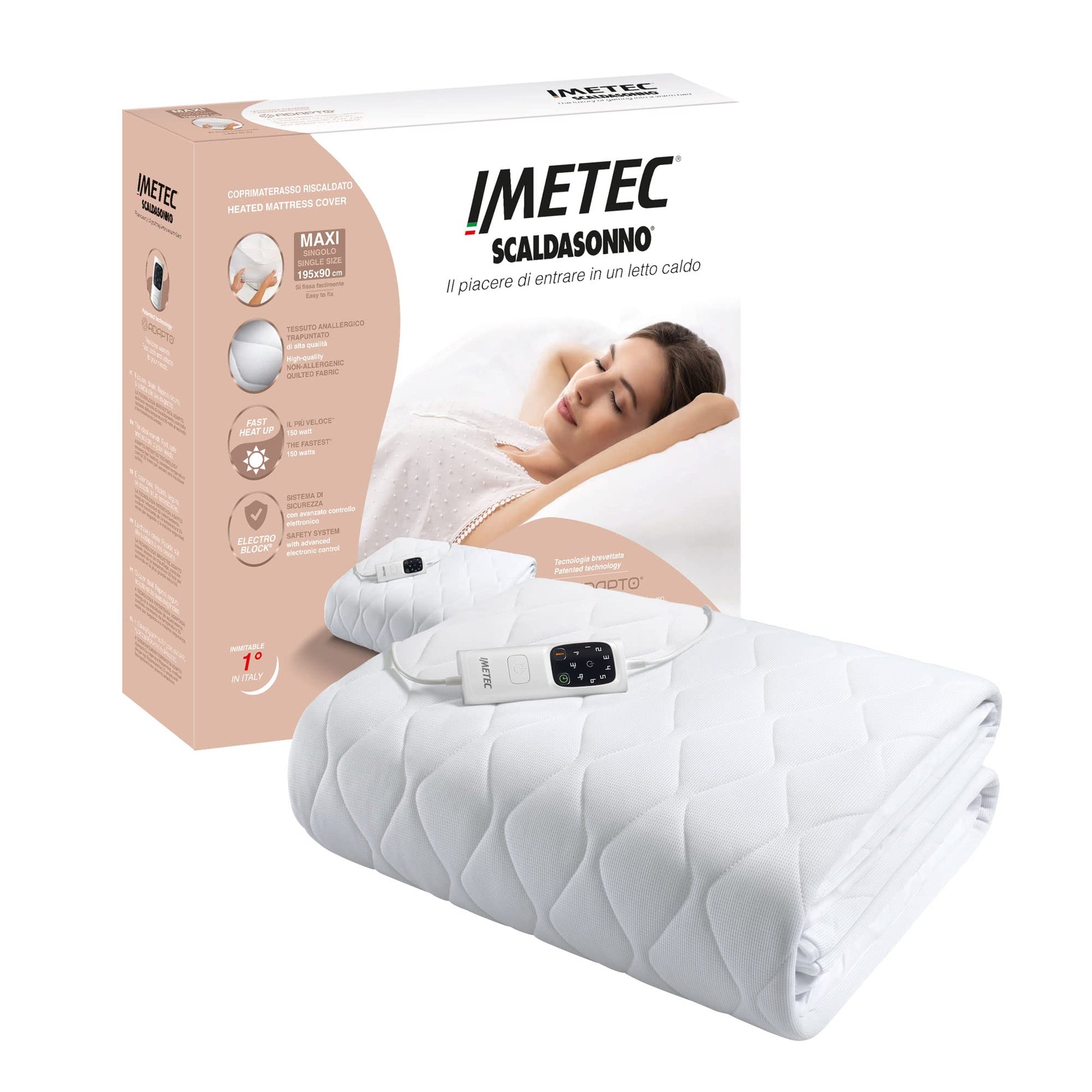 Imetec Scaldasonno Adapto Spann-Wärmeunterbett – 195x90 cm. Weißes Unterbett. Wärmt intelligent Einzelbetten vor.