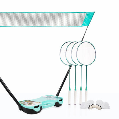 Enovi EasyGo Federball Set – 4 Schläger, Netz und Tragetasche. Mit vier bunten Badmintonschlägern, tragbarem Netz und schwarzer Tasche für Federball im Garten/Park.