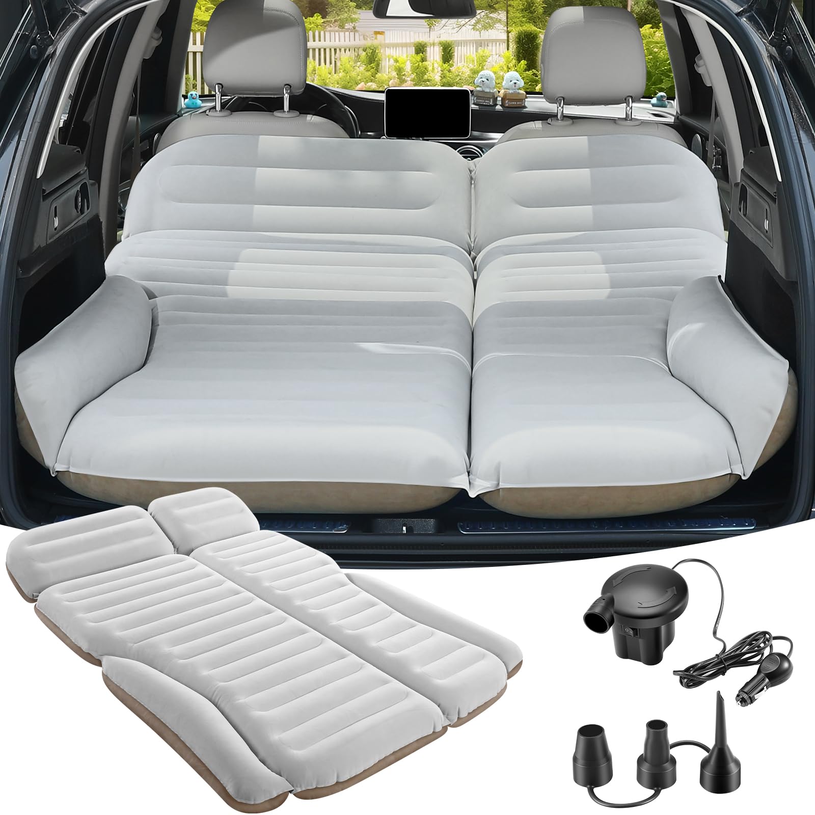 KMZ SUV Luftmatratze Auto-Bett Doppelseitig – Weiss/Kaffee. Rechteckige, aufblasbare Matratze für komfortables Schlafen im SUV.