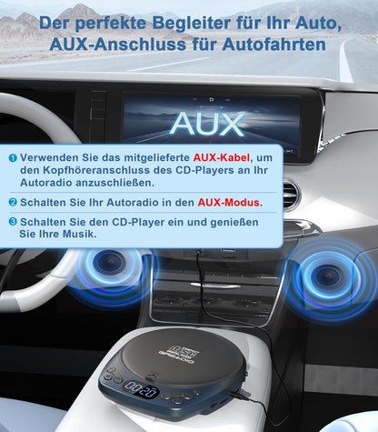 Greadio Tragbarer CD-Player Discman, wiederaufladbar, mit Kopfhörer