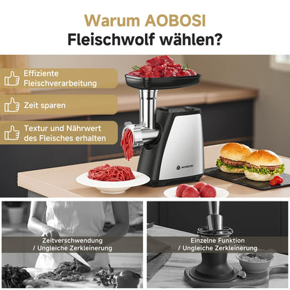 AAOBOSI Fleischwolf elektrisch 4-in-1, 2800 W, Edelstahl, MGC04