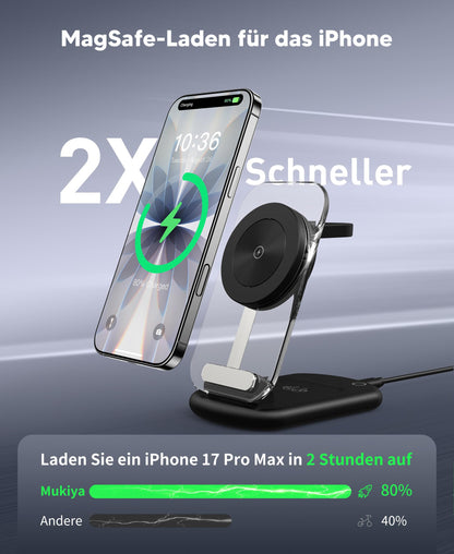 Mukiya T618-F 3-in-1 MagSafe-Ladestation für iPhone, Watch, AirPods