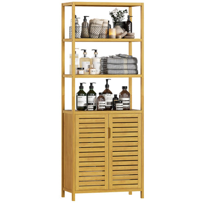 VIAGDO Hochschrank Badschrank - Bambus mit Fächern & Türe. Hoher, schmaler Bambusschrank zur Lagerung von Badutensilien.