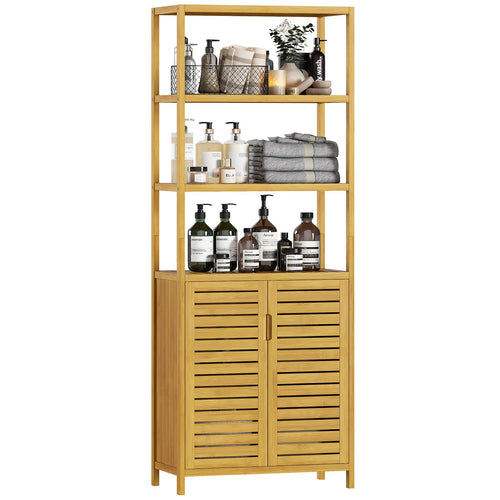 VIAGDO Hochschrank Badschrank - Bambus mit Fächern & Türe. Hoher, schmaler Bambusschrank zur Lagerung von Badutensilien.