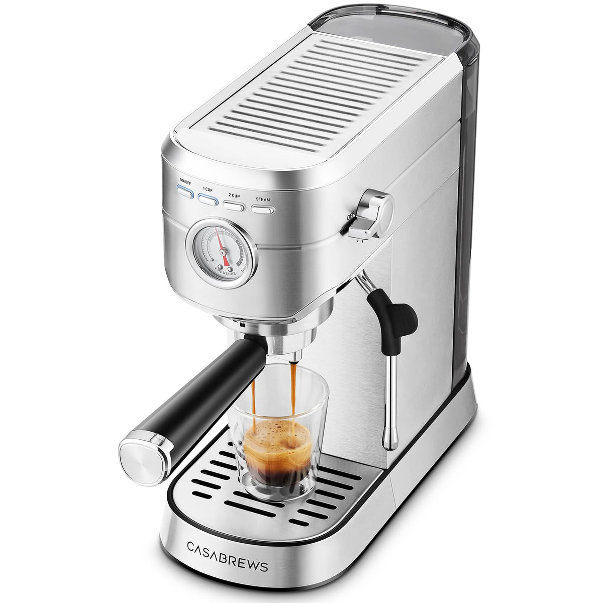 CASABREWS Espresso Siebträgermaschine Edelstahl 20 Bar – Silber. Silbernes Edelstahlgehäuse. Bereitet Espresso mit 20 Bar Pumpendruck zu.