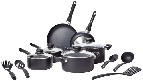 Amazon Basics 15-teiliges Kochgeschirr Antihaft - Schwarz, Set aus Töpfen/Pfannen mit schwarzer Antihaftbeschichtung zum Kochen.
