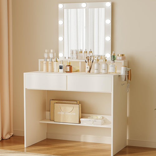 JUMMICO Schminktisch mit LED Spiegel, 9 Glühbirnen – Weiss. Weisser Tisch mit rechteckigem Spiegel und 9 runden LED-Glühbirnen für Make-up.