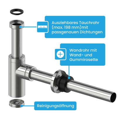 Bächlein Design Siphon Universal für Waschbecken, Edelstahl gebürstet