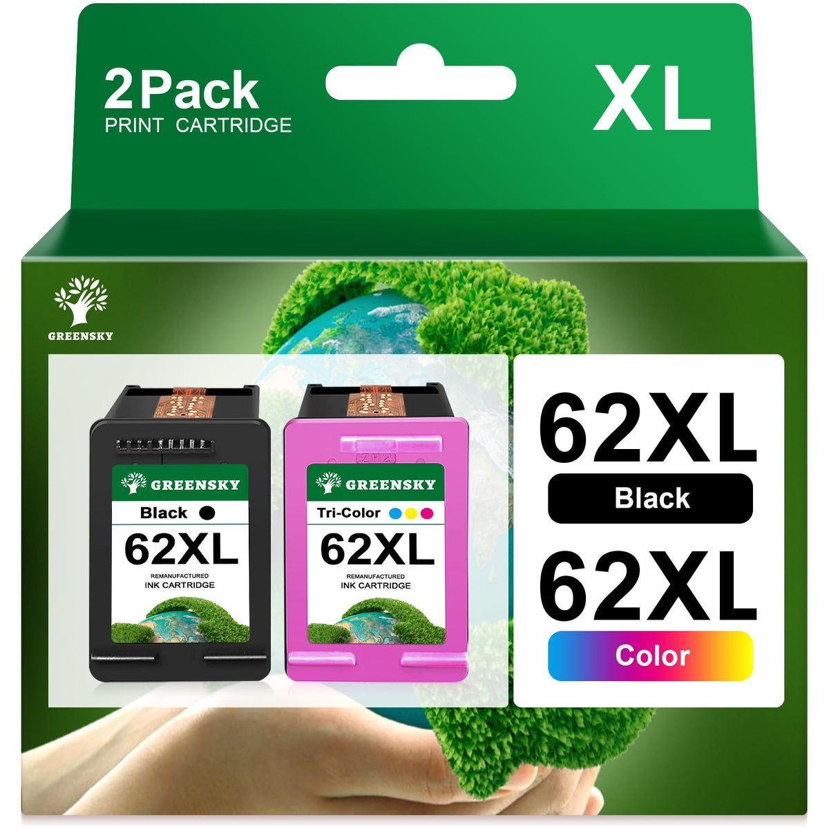 GREENSKY 62XL Druckerpatronen kompatibel für HP 62, Schwarz + Farbe, 2 Tintenpatronen im Set