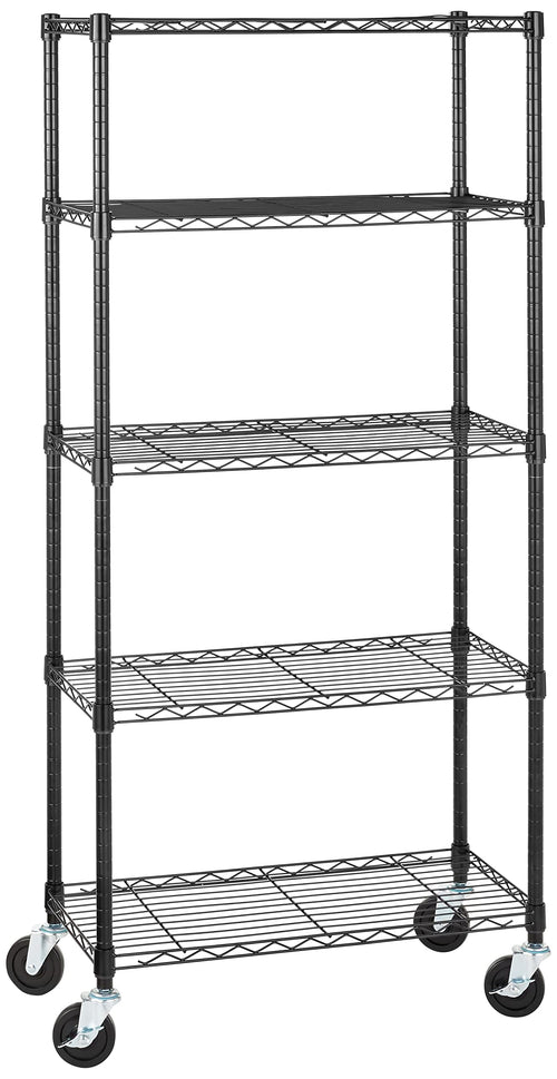 Amazon Basics Schwerlastregal 5 Böden Rollen Schwarz – 76.2 cm, schwarzes Metallregal auf Rollen zur Lagerung schwerer Gegenstände in Werkstatt oder Lager.
