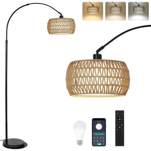Rayofly Boho Rattan Bogenlampe Dimmbar App-Steuerung - Schwarz. Schwarzer Bogen mit Rattan-Schirm. Zur flexiblen Raumlicht.
