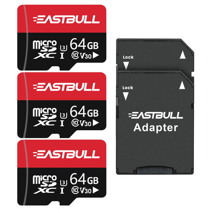 EASTBULL Micro SD Speicherkarte 64GB 3er-Pack mit SD-Adapter U1 C10, drei microSDHC-Karten und zwei SD-Adapter