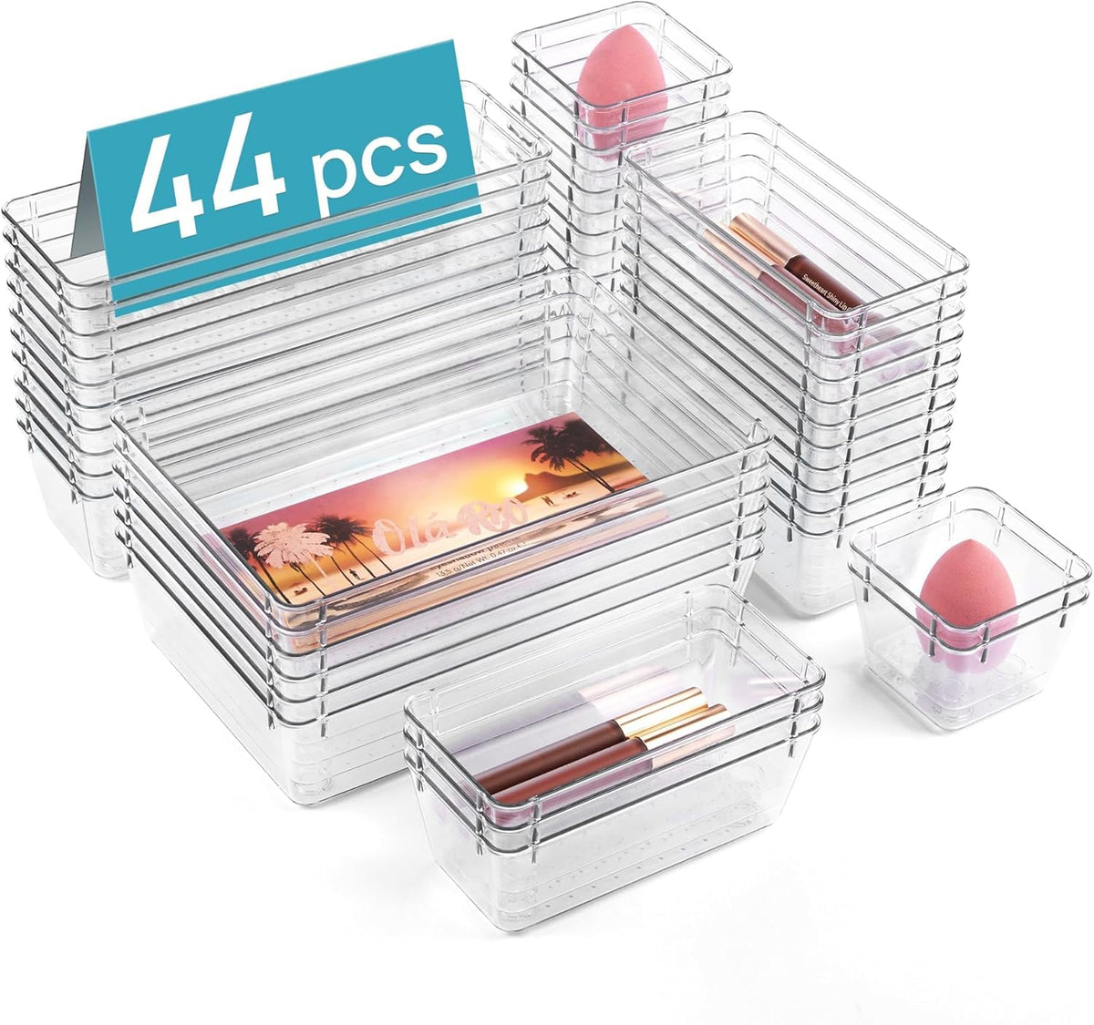 Vtopmart Schubladen Organizer Set, 44-teilig, 4 Grössen, transparent – Kunststoffschalen zur Schubladenorganisation