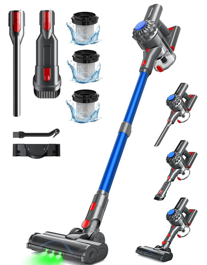 Ivormentico Akku-Staubsauger kabellos 40 KPA 450 W, grüne LED, Blau, Stabstaubsauger für Böden und Tierhaare