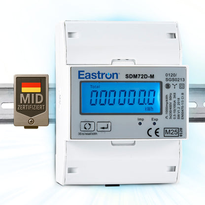 SDM72DM-V2 3-Phasen Zweirichtungs-Drehstromzähler Modbus: Rechteckig, grau. Misst Wirkenergie bidirektional per Modbus.